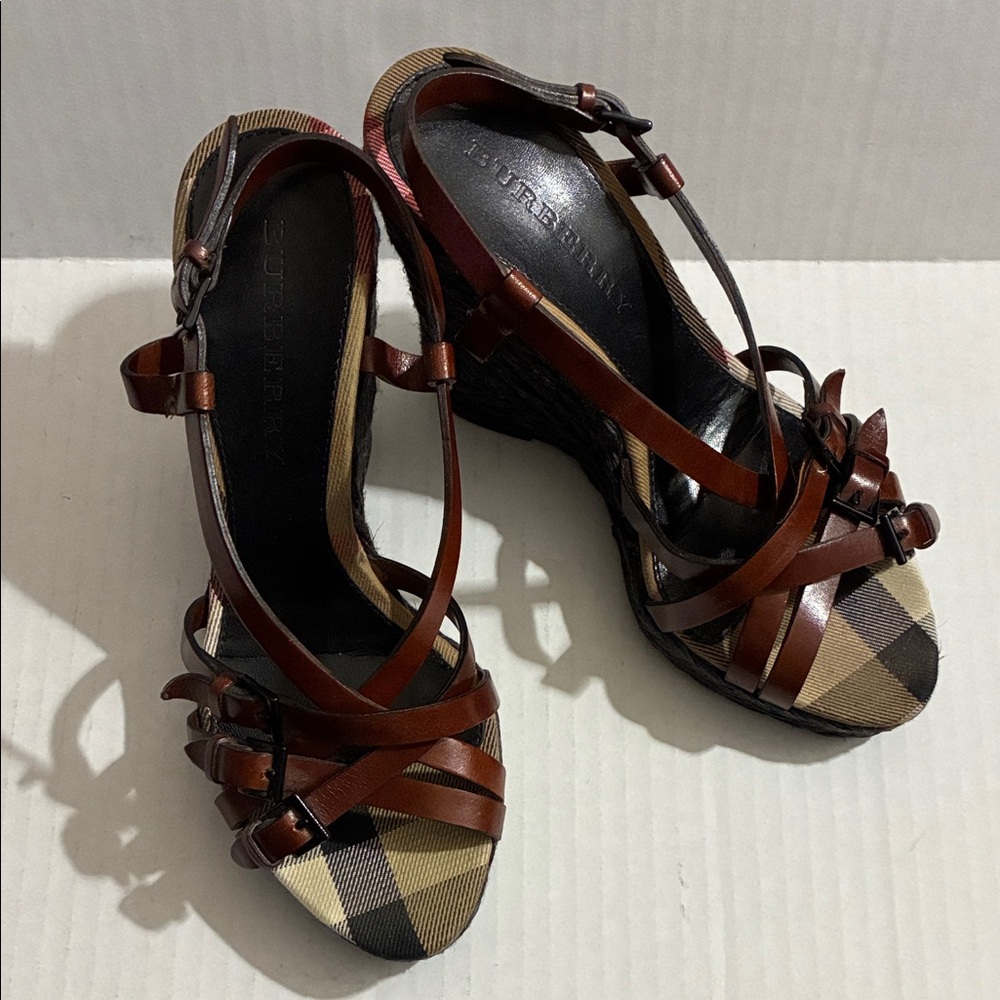 Burberry Brown Leather & Signature Check Wedge Sandals